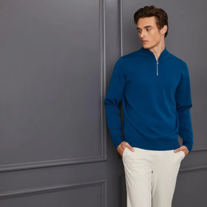 Contrast V Neck Merino Wool Quarter Zip Sweater Petrol Men GFORE Tops