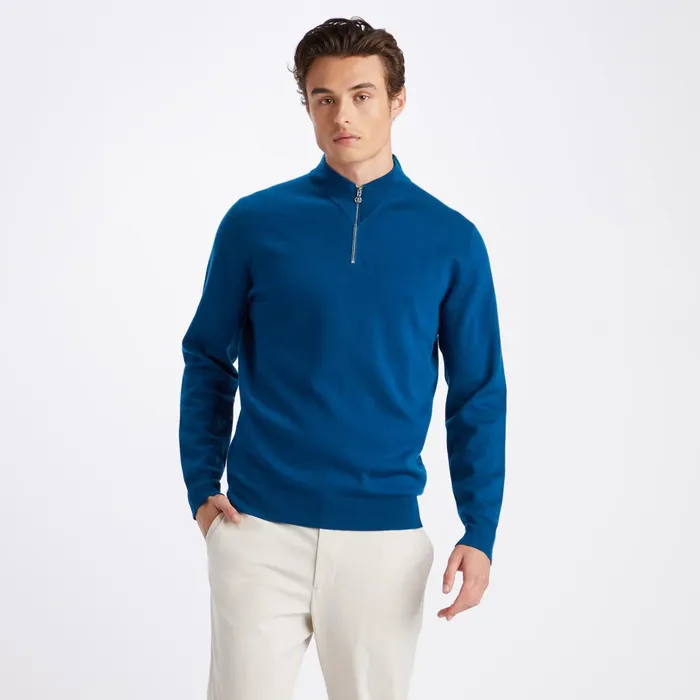 Contrast V Neck Merino Wool Quarter Zip Sweater Petrol Men GFORE Tops