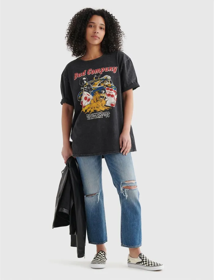 Graphic Tees Women Lucky Brand Bad Company Oversized Tee Jet Black Graphic Tees Women Lucky Brand Bad Company Oversized Tee Jet Black
