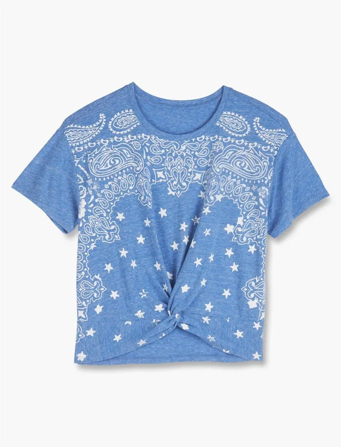 Graphic Tees Women Lucky Brand Bandana Knot Front Top Blue Multi