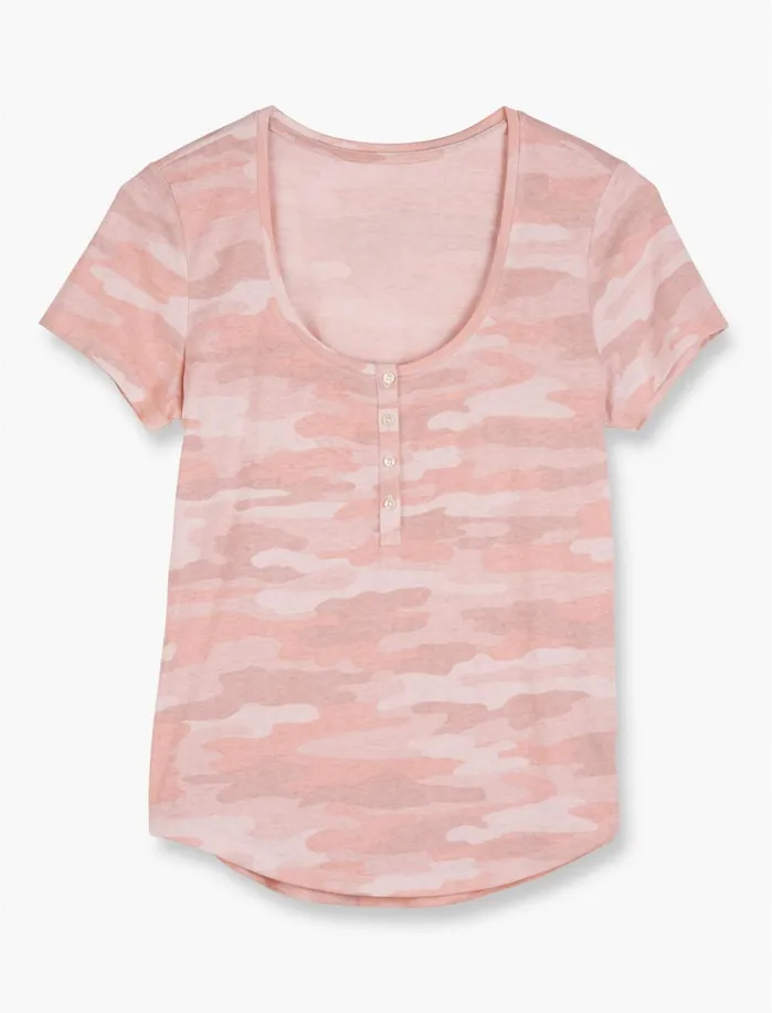 Graphic Tees Women Lucky Brand Camouflage Henley Tee Pink Multi