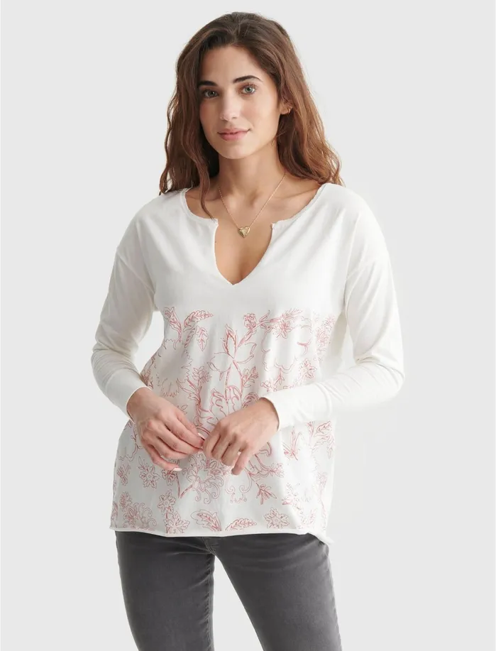 Graphic Tees Women Lucky Brand FLORALPRINT SPLIT NECK TOP Marshmallow