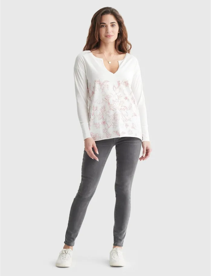Graphic Tees Women Lucky Brand FLORALPRINT SPLIT NECK TOP Marshmallow
