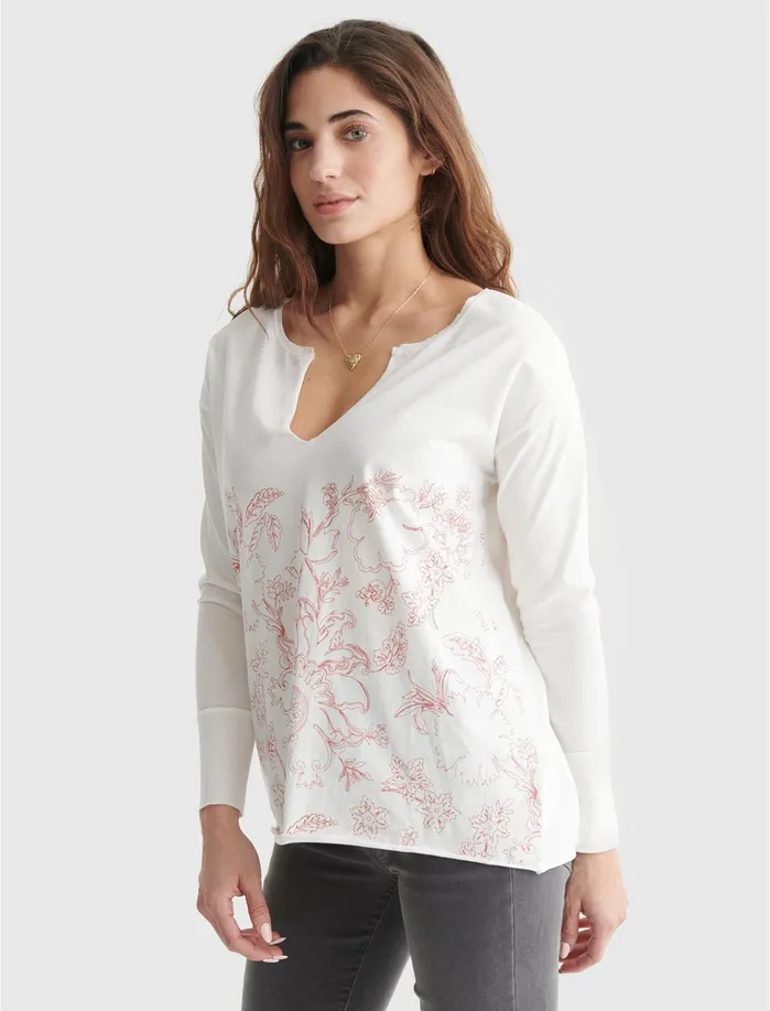 Graphic Tees Women Lucky Brand FLORALPRINT SPLIT NECK TOP Marshmallow