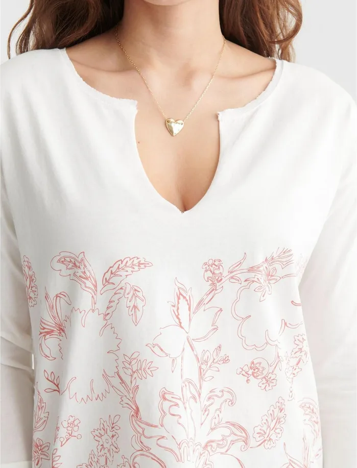 Graphic Tees Women Lucky Brand FLORALPRINT SPLIT NECK TOP Marshmallow
