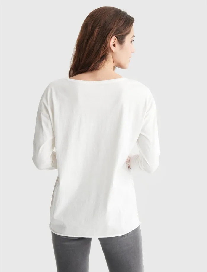 Graphic Tees Women Lucky Brand FLORALPRINT SPLIT NECK TOP Marshmallow