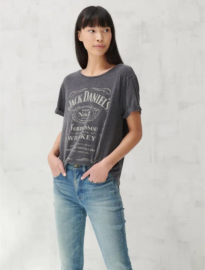 Graphic Tees Women Lucky Brand JACK DANIELS ROLLED SLEEVE TEE Black Mountain