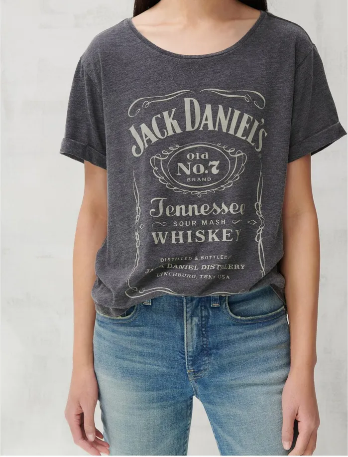 Graphic Tees Women Lucky Brand JACK DANIELS ROLLED SLEEVE TEE Black Mountain