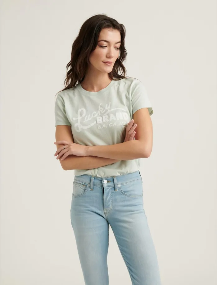 Graphic Tees Women Lucky Brand Lucky Brand Scripted Tee Misty Blue