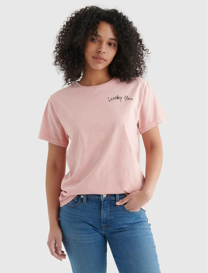 Graphic Tees Women Lucky Brand Lucky You Script Boyfriend Rose Tan