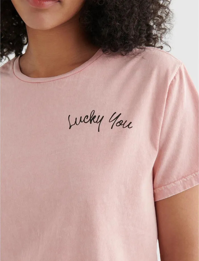Graphic Tees Women Lucky Brand Lucky You Script Boyfriend Rose Tan Graphic Tees Women Lucky Brand Lucky You Script Boyfriend Rose Tan