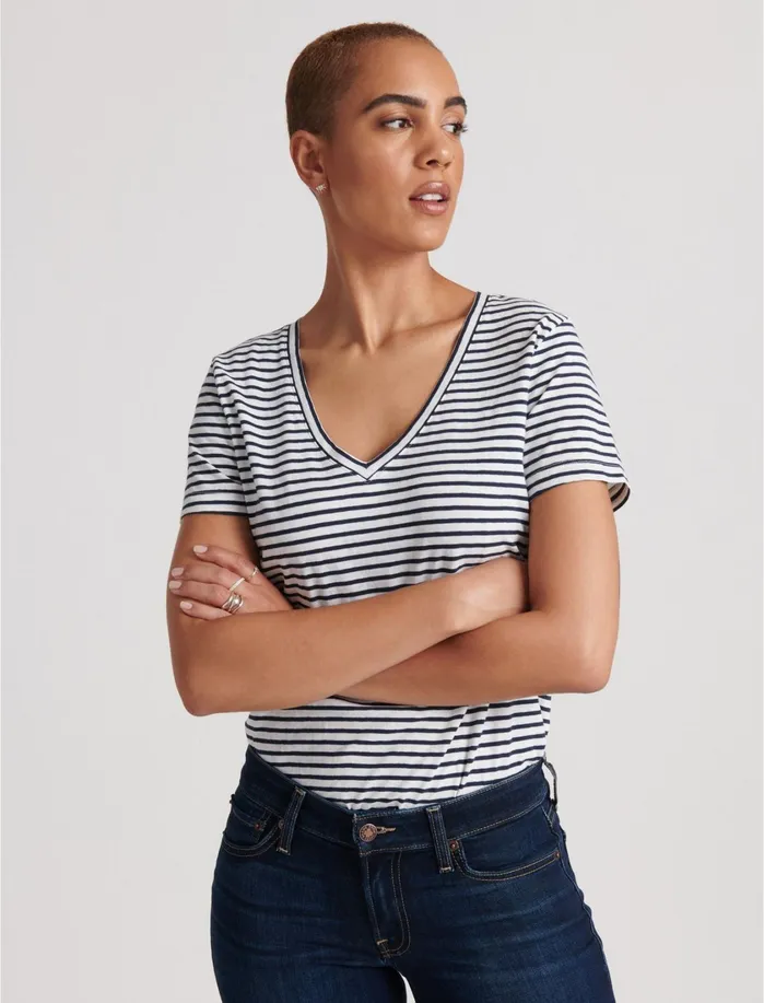 Graphic Tees Women Lucky Brand Striped Essential VNeck Tee Navy Stripe