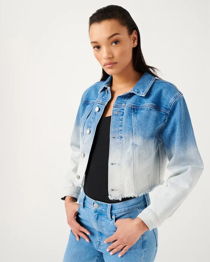 Jackets 038 Coats Women 7 For All Mankind Fray Hem Triple Needle Stitch Jacket In Indigo Ombre Sunny