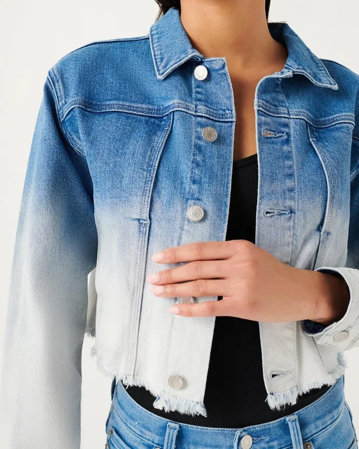 Jackets 038 Coats Women 7 For All Mankind Fray Hem Triple Needle Stitch Jacket In Indigo Ombre Sunny