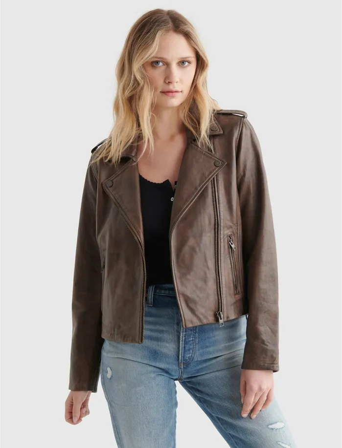 Jackets and Outerwear Women Lucky Brand Classic Leather Moto Jacket Brown Beige Jackets and Outerwear Women Lucky Brand Classic Leather Moto Jacket Brown Beige