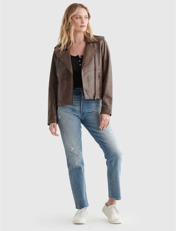 Jackets and Outerwear Women Lucky Brand Classic Leather Moto Jacket Brown Beige