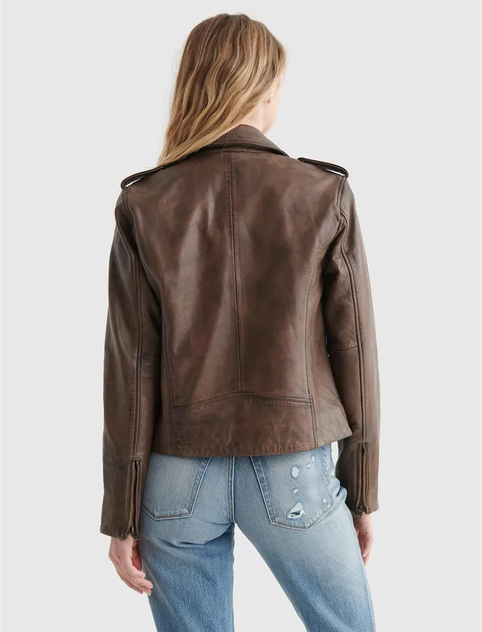 Jackets and Outerwear Women Lucky Brand Classic Leather Moto Jacket Brown Beige