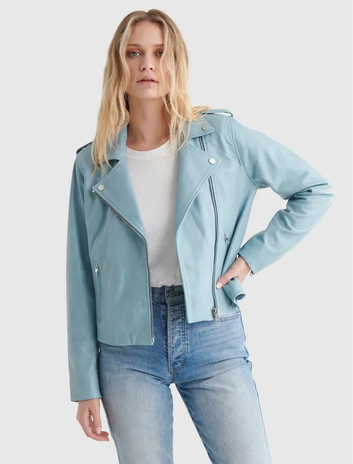 Jackets and Outerwear Women Lucky Brand Classic Leather Moto Jacket Light Blue Jackets and Outerwear Women Lucky Brand Classic Leather Moto Jacket Light Blue