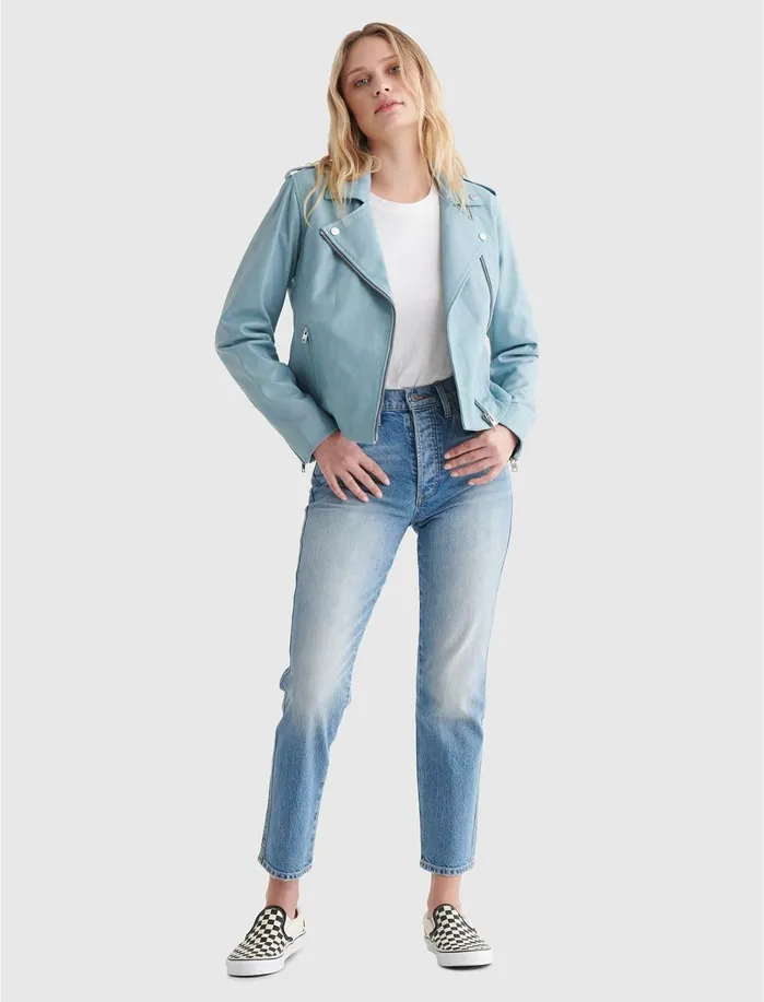 Jackets and Outerwear Women Lucky Brand Classic Leather Moto Jacket Light Blue