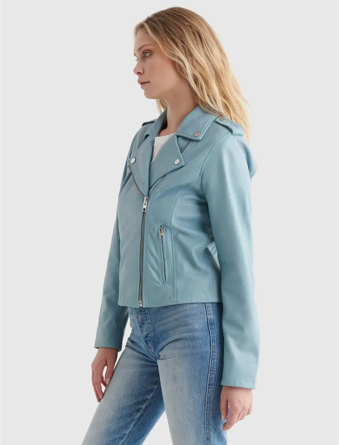 Jackets and Outerwear Women Lucky Brand Classic Leather Moto Jacket Light Blue