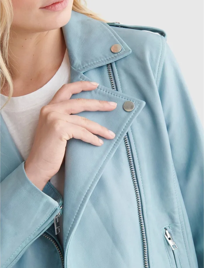 Jackets and Outerwear Women Lucky Brand Classic Leather Moto Jacket Light Blue
