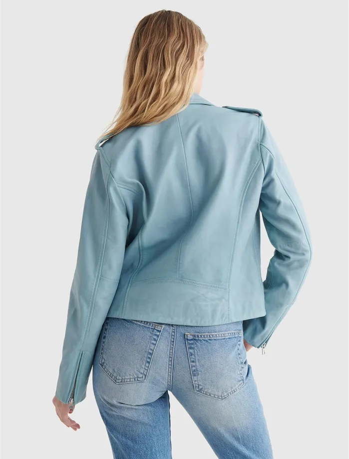 Jackets and Outerwear Women Lucky Brand Classic Leather Moto Jacket Light Blue