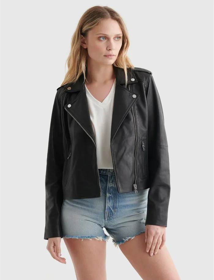 Jackets and Outerwear Women Lucky Brand Classic Leather Moto Jacket Washed Black
