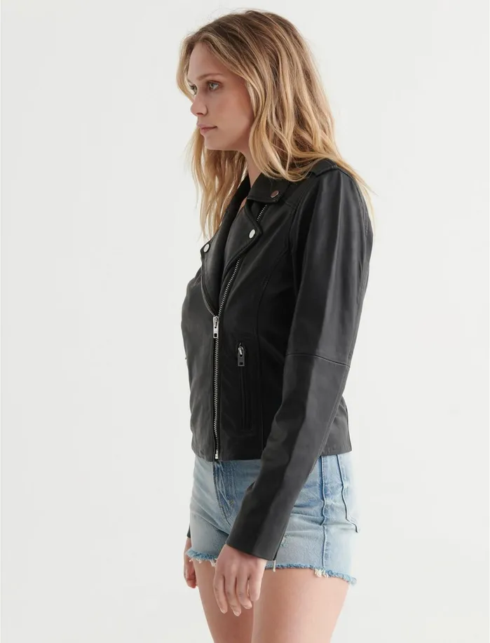 Jackets and Outerwear Women Lucky Brand Classic Leather Moto Jacket Washed Black
