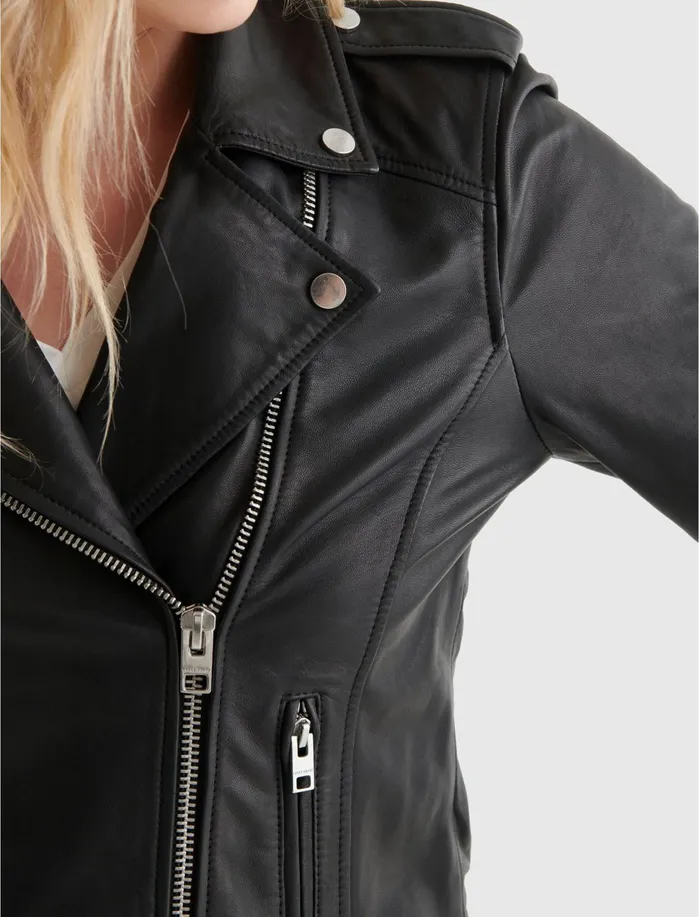 Jackets and Outerwear Women Lucky Brand Classic Leather Moto Jacket Washed Black