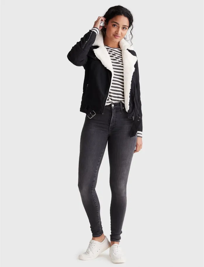 Jackets and Outerwear Women Lucky Brand FAUX FUR MOTO TRUCKER JACKET Lucky Black 001