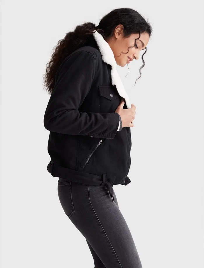 Jackets and Outerwear Women Lucky Brand FAUX FUR MOTO TRUCKER JACKET Lucky Black 001