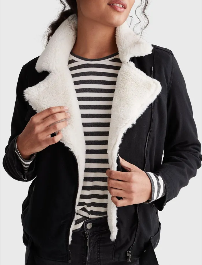 Jackets and Outerwear Women Lucky Brand FAUX FUR MOTO TRUCKER JACKET Lucky Black 001