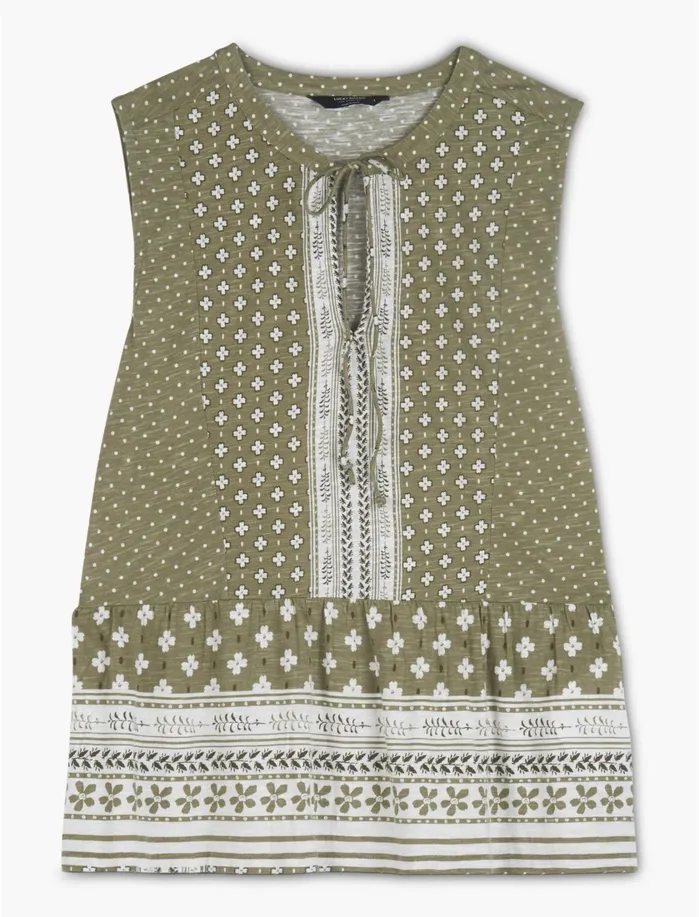 Knit Tops Women Lucky Brand Border Print Peplum Top Olive Multi