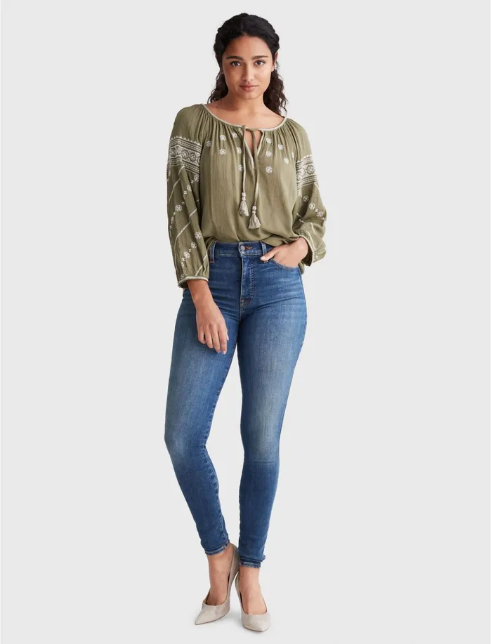 Knit Tops Women Lucky Brand Embroidered Mixed Media Peasant Top Burnt Olive 180521 Tcx