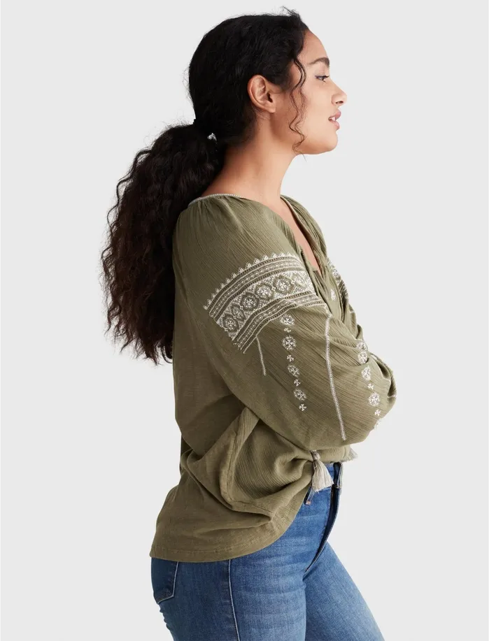 Knit Tops Women Lucky Brand Embroidered Mixed Media Peasant Top Burnt Olive 180521 Tcx