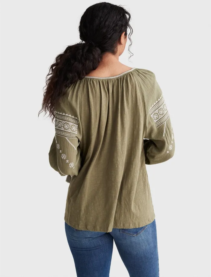 Knit Tops Women Lucky Brand Embroidered Mixed Media Peasant Top Burnt Olive 180521 Tcx