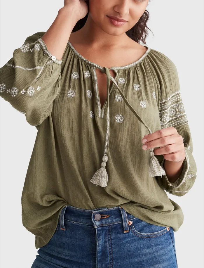 Knit Tops Women Lucky Brand Embroidered Mixed Media Peasant Top Burnt Olive 180521 Tcx