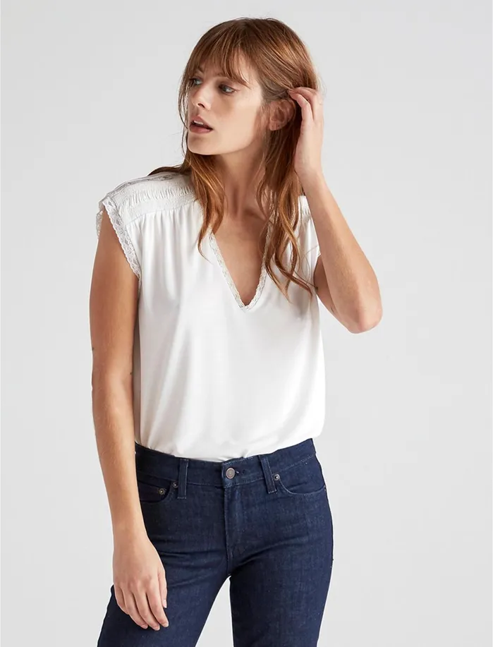 Knit Tops Women Lucky Brand Lace Trim Sand Wash Top Marshmallow