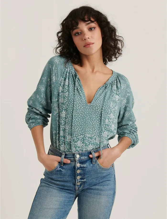 Knit Tops Women Lucky Brand Mix Printed Peasant Top Teal Multi