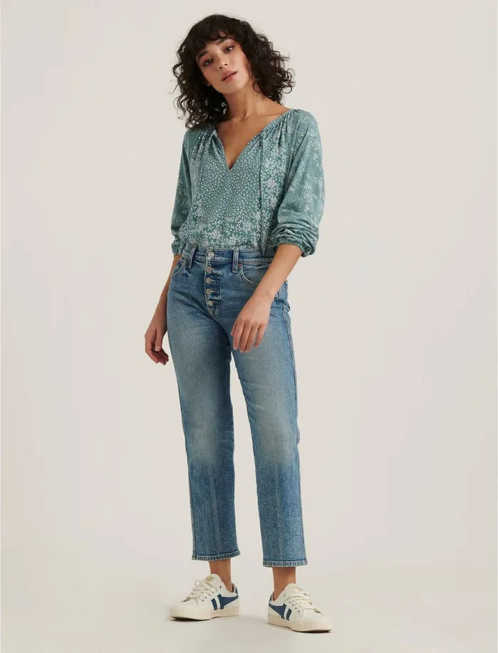 Knit Tops Women Lucky Brand Mix Printed Peasant Top Teal Multi