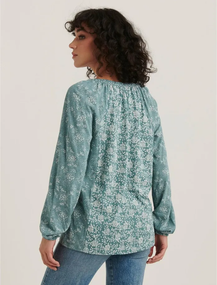 Knit Tops Women Lucky Brand Mix Printed Peasant Top Teal Multi