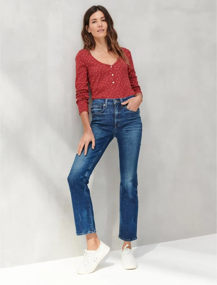 Knit Tops Women Lucky Brand POINTELLE HENLEY Red Multi