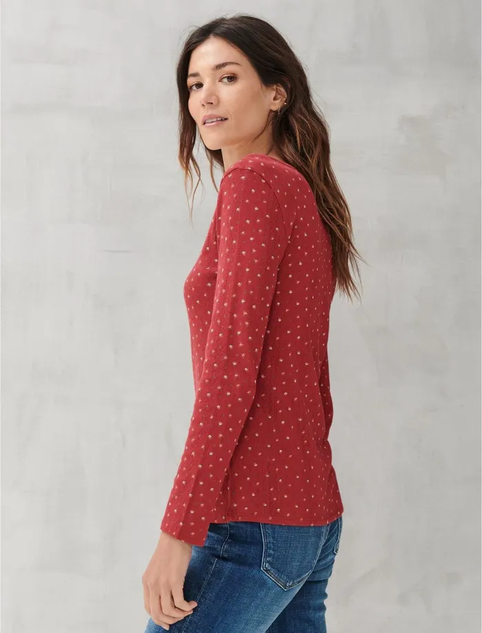 Knit Tops Women Lucky Brand POINTELLE HENLEY Red Multi