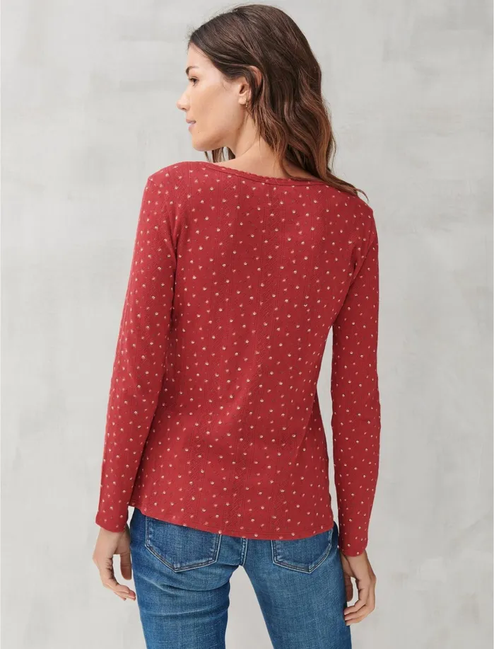 Knit Tops Women Lucky Brand POINTELLE HENLEY Red Multi