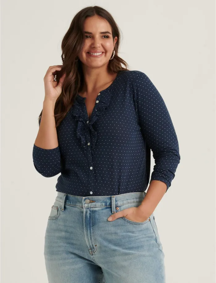 Knit Tops Women Lucky Brand Polka Dot Ruffle Henley Top Navywhite