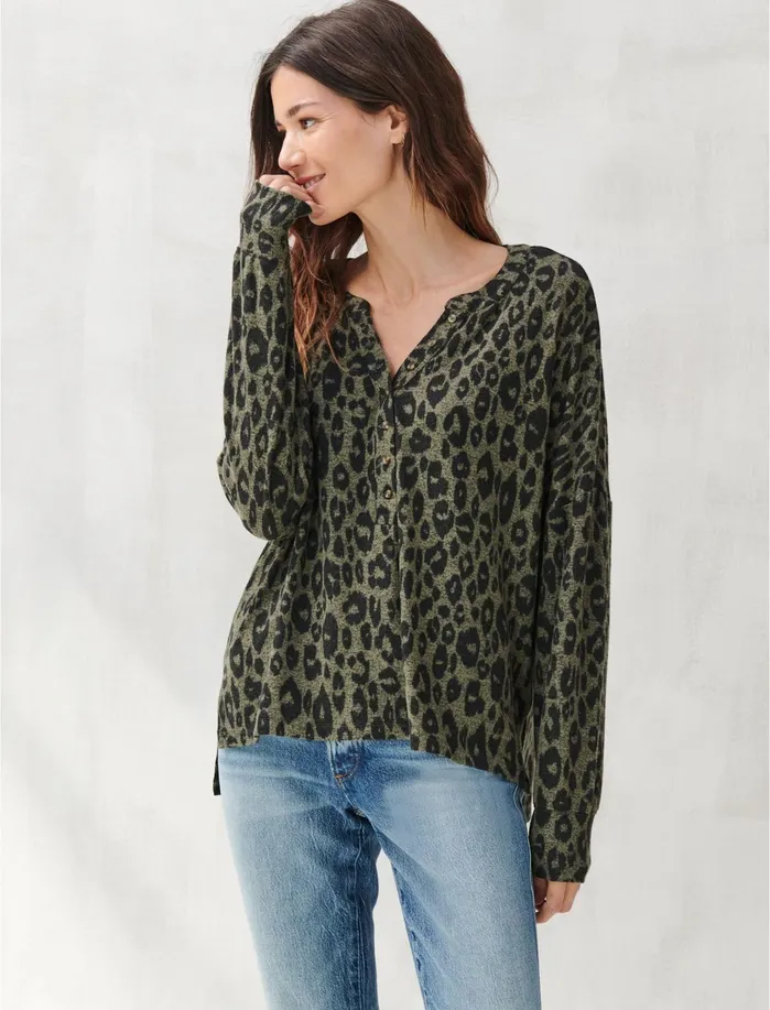 Knit Tops Women Lucky Brand PRINTED BRUSHED HACCI HENLEY Olive Multi