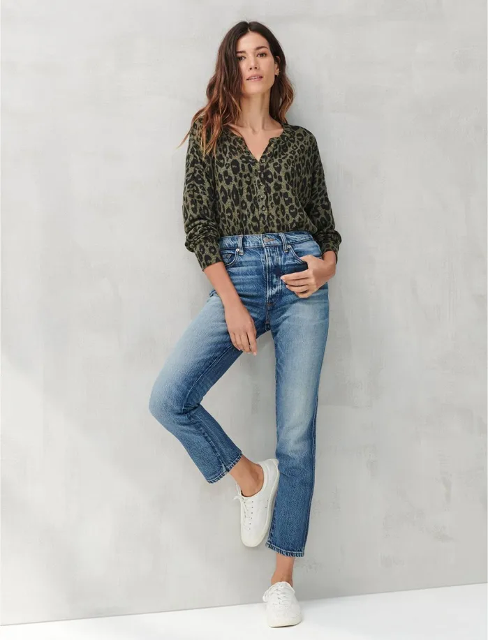 Knit Tops Women Lucky Brand PRINTED BRUSHED HACCI HENLEY Olive Multi