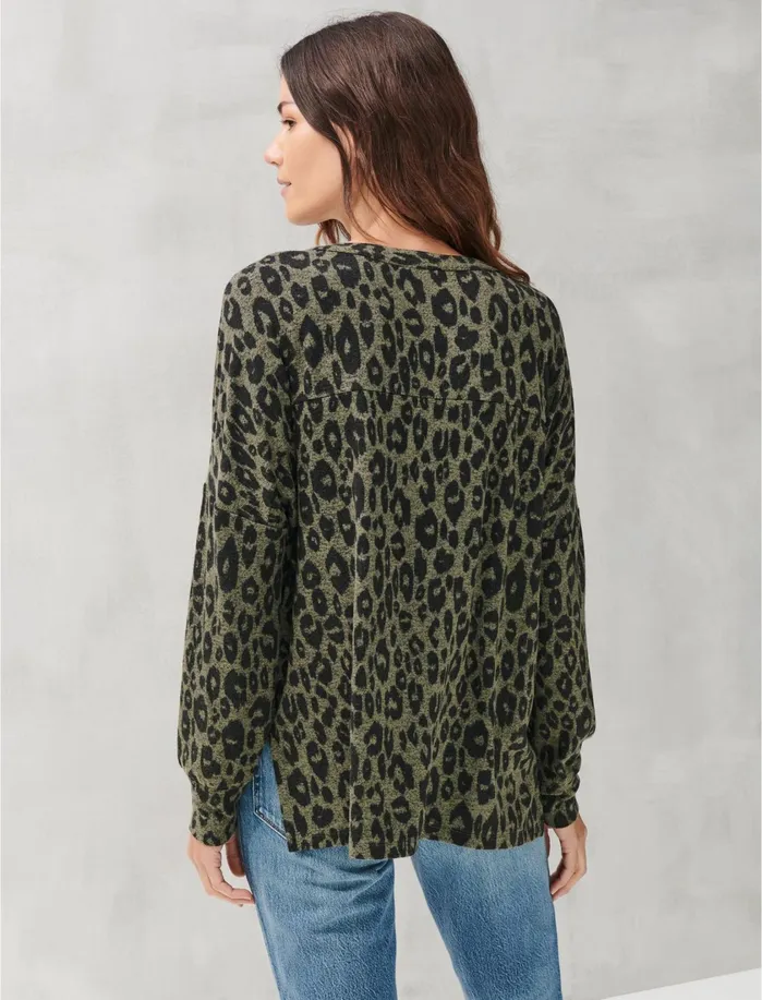 Knit Tops Women Lucky Brand PRINTED BRUSHED HACCI HENLEY Olive Multi