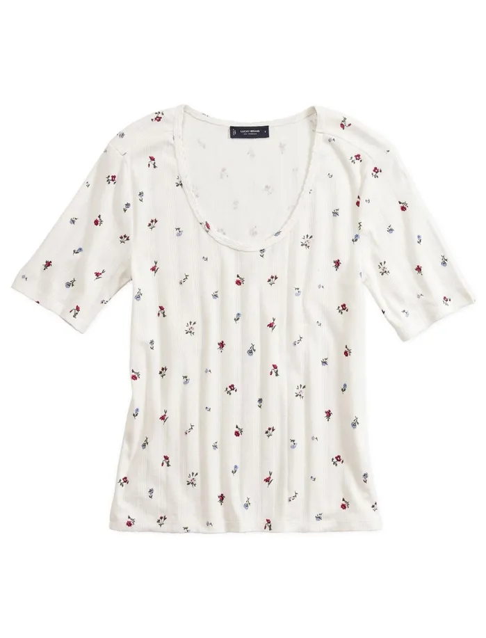 Knit Tops Women Lucky Brand Printed Pointelle Scoop Neck Tee White Multi