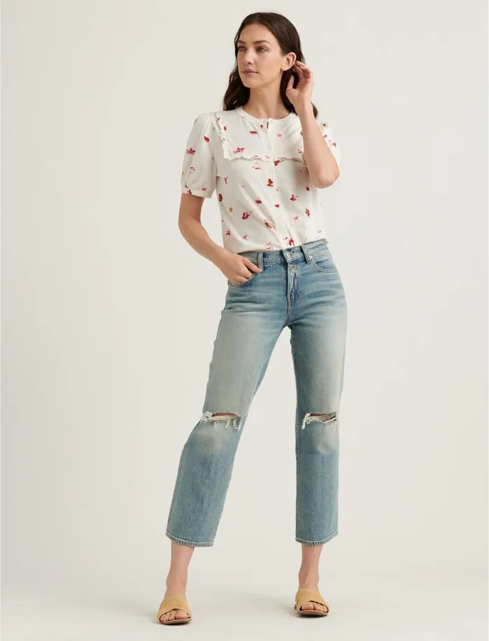 Knit Tops Women Lucky Brand Printed Ruffle Bib Short Sleeve Top White Multi